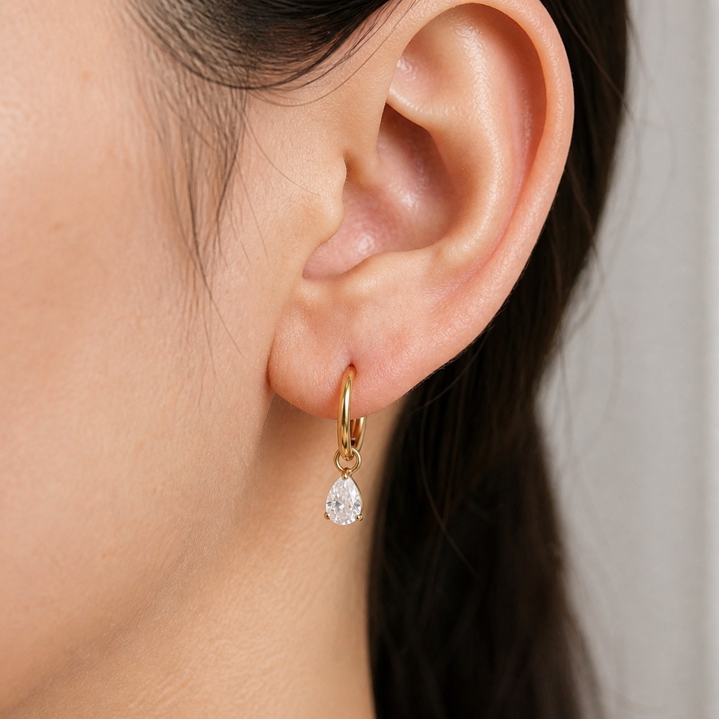 Titanium Hoop Earrings Teardrop Zircon for Sensitive Ears worn on one ear