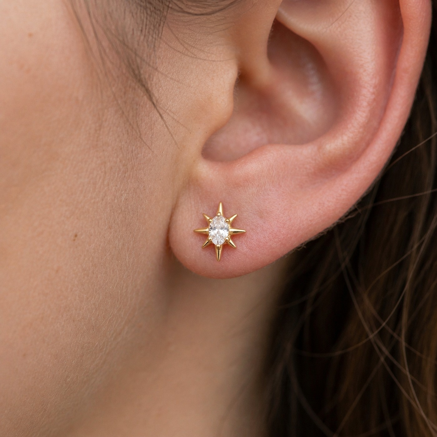 Flat Back Stud Earrings Starburst Dewdrop in F136 Titanium worn on one ear