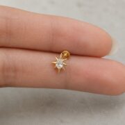 Flat Back Stud Earrings Starburst Dewdrop in F136 Titanium shown at fingertip scale