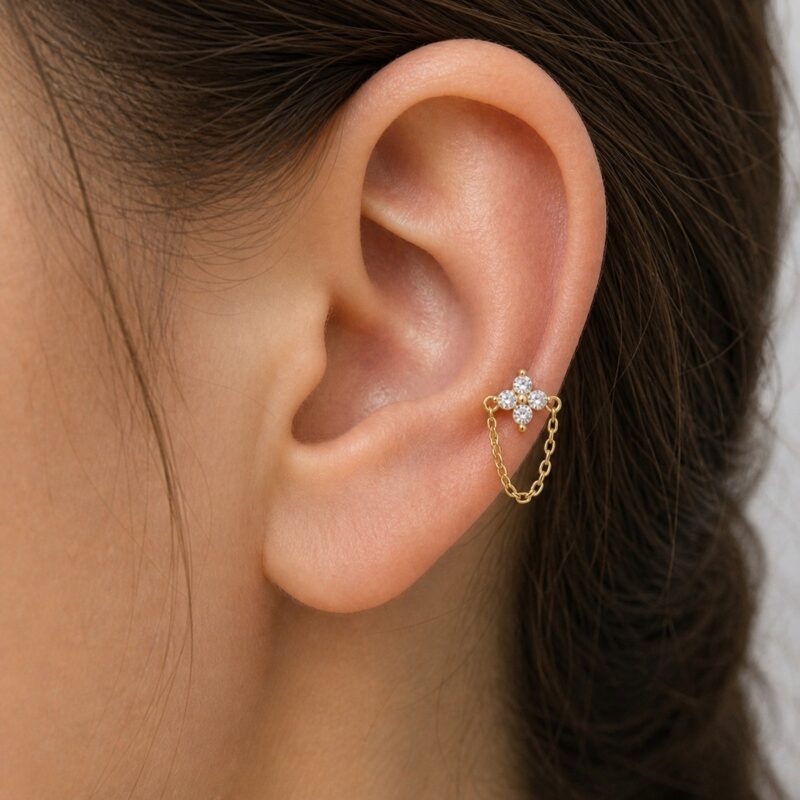 Flat Back Earrings Crystal Chain with S925 Silver worn on one ear