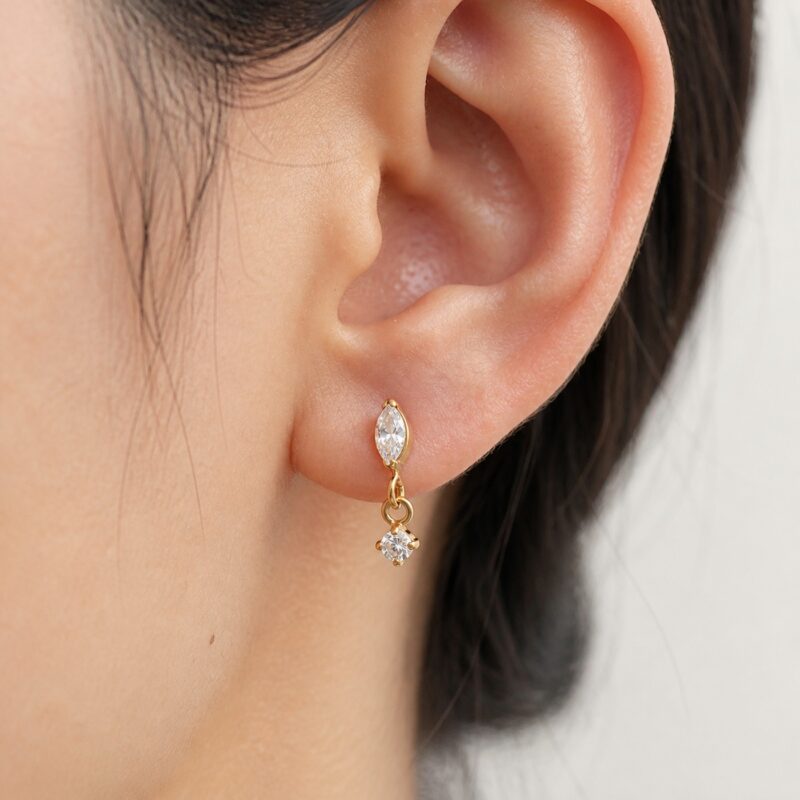 Flat Back Earrings Crystal Chain in Titanium worn on one ear