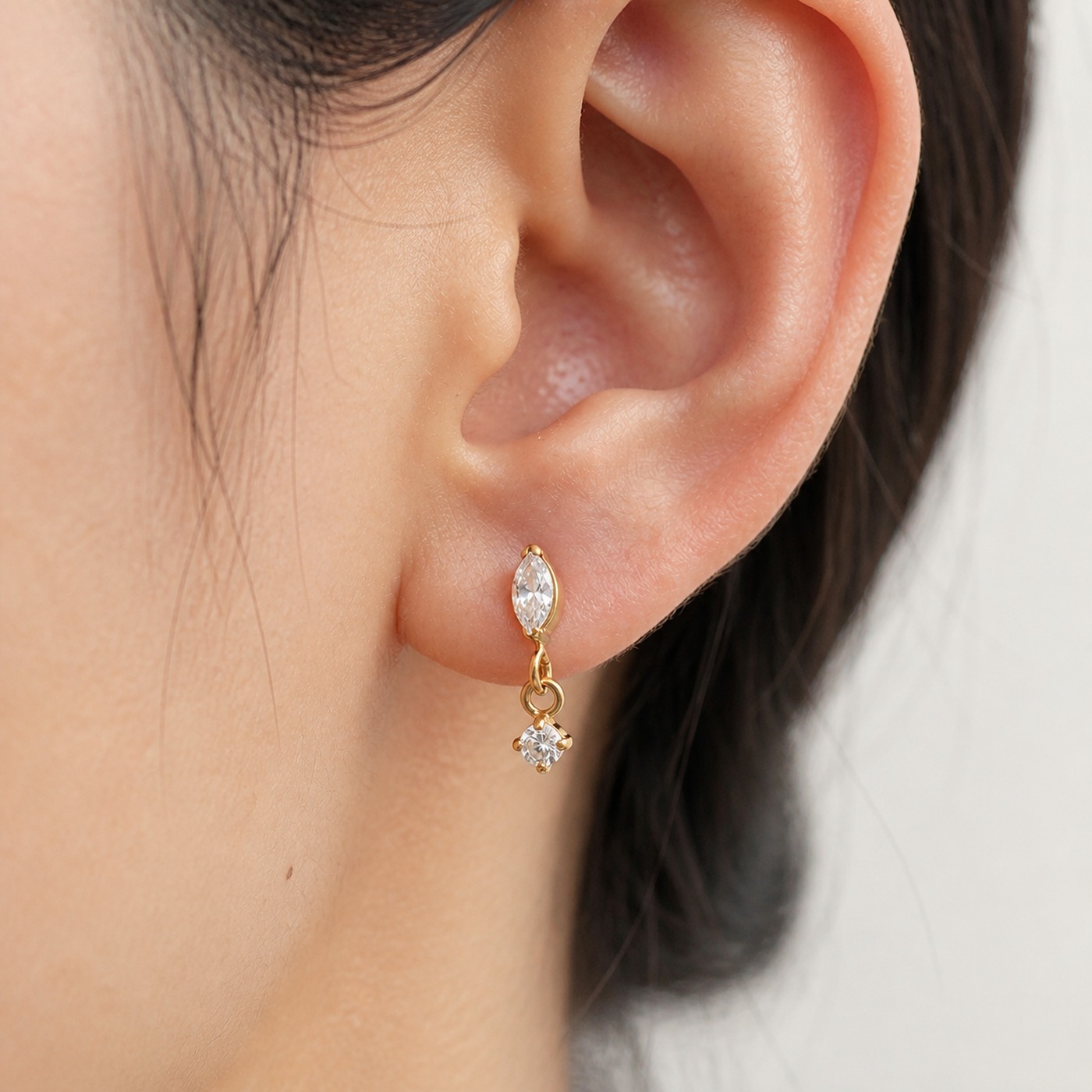 Flat Back Earrings Crystal Chain in Titanium worn on one ear