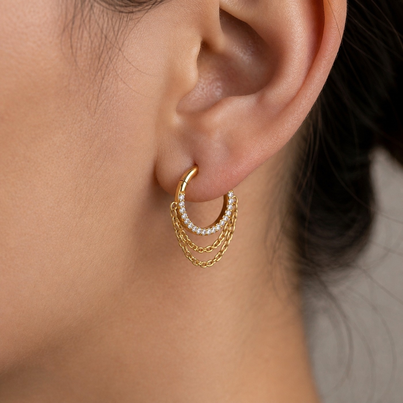 Titanium Hoop Earrings Stellar Chain Eternity Hinged Segment for Sensitive Ears worn on one ear