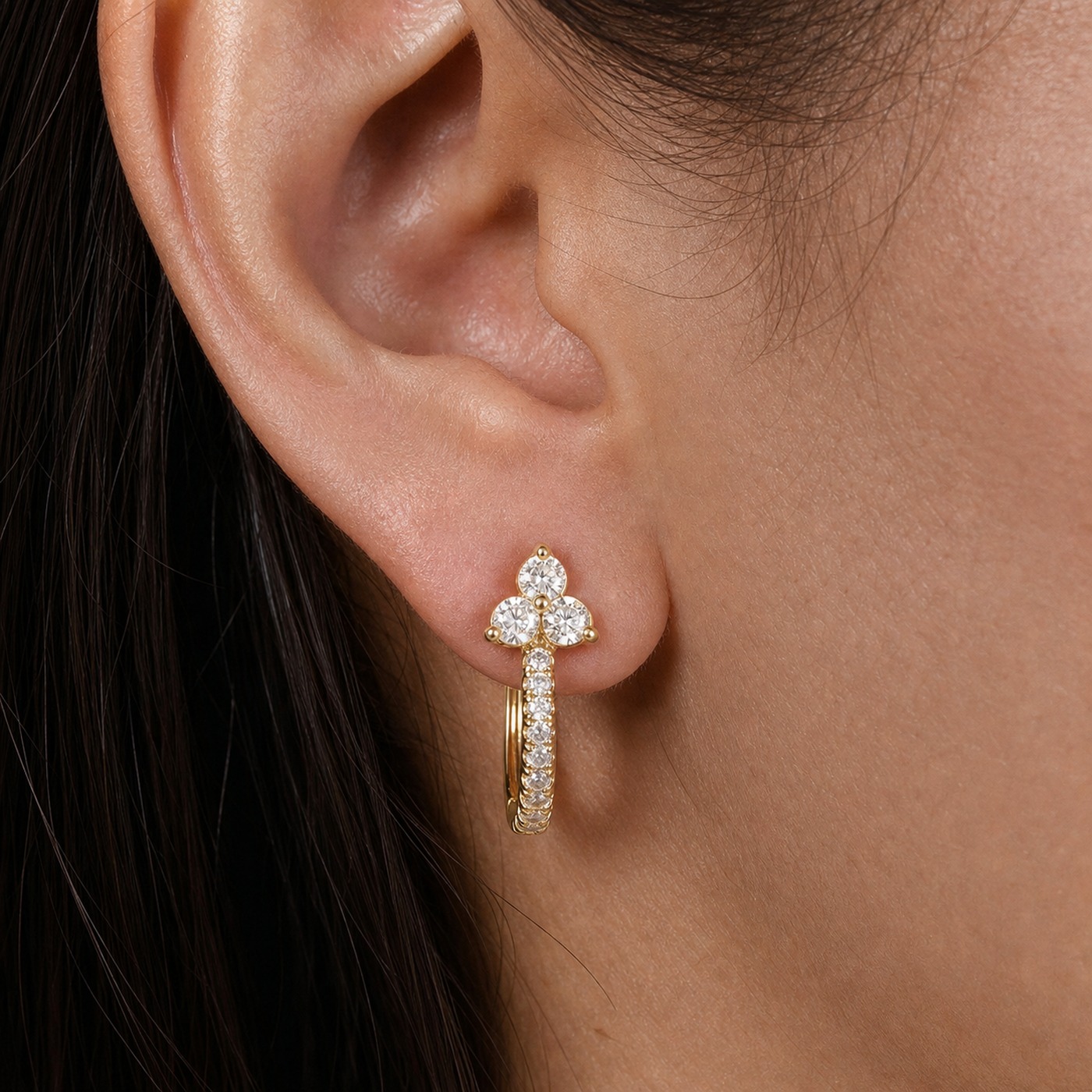 Hypoallergenic Hoop Earrings Kaia Crystal Lotus Pave Eternity with S925 Silver worn on one ear