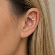 Flat Back Hidden Helix Crystal Chain Drop Earring in Titanium worn on one ear