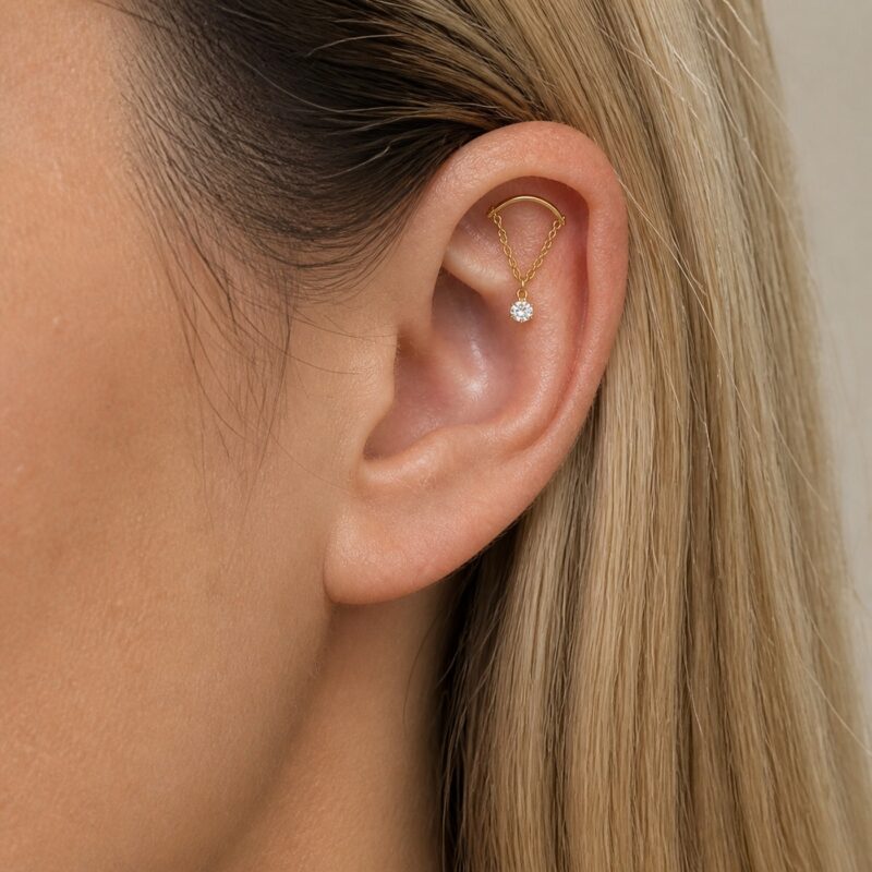Flat Back Hidden Helix Crystal Chain Drop Earring in Titanium worn on one ear