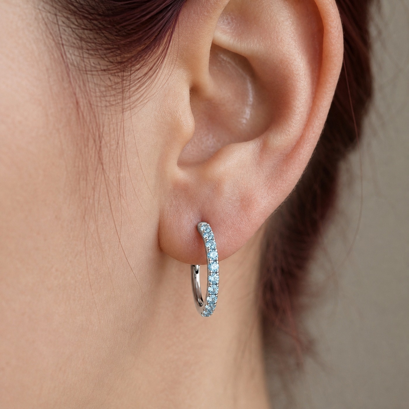 Titanium Hoop Earrings Shine Crystal Pave for Sensitive Ears worn on one ear