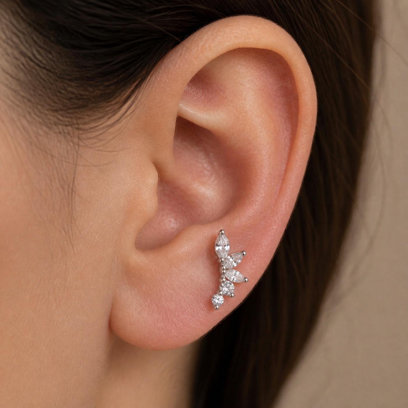 Titanium Stud Earrings Dynasty 6 Crystal Prong Leaf Ear for Sensitive Ears worn on one ear