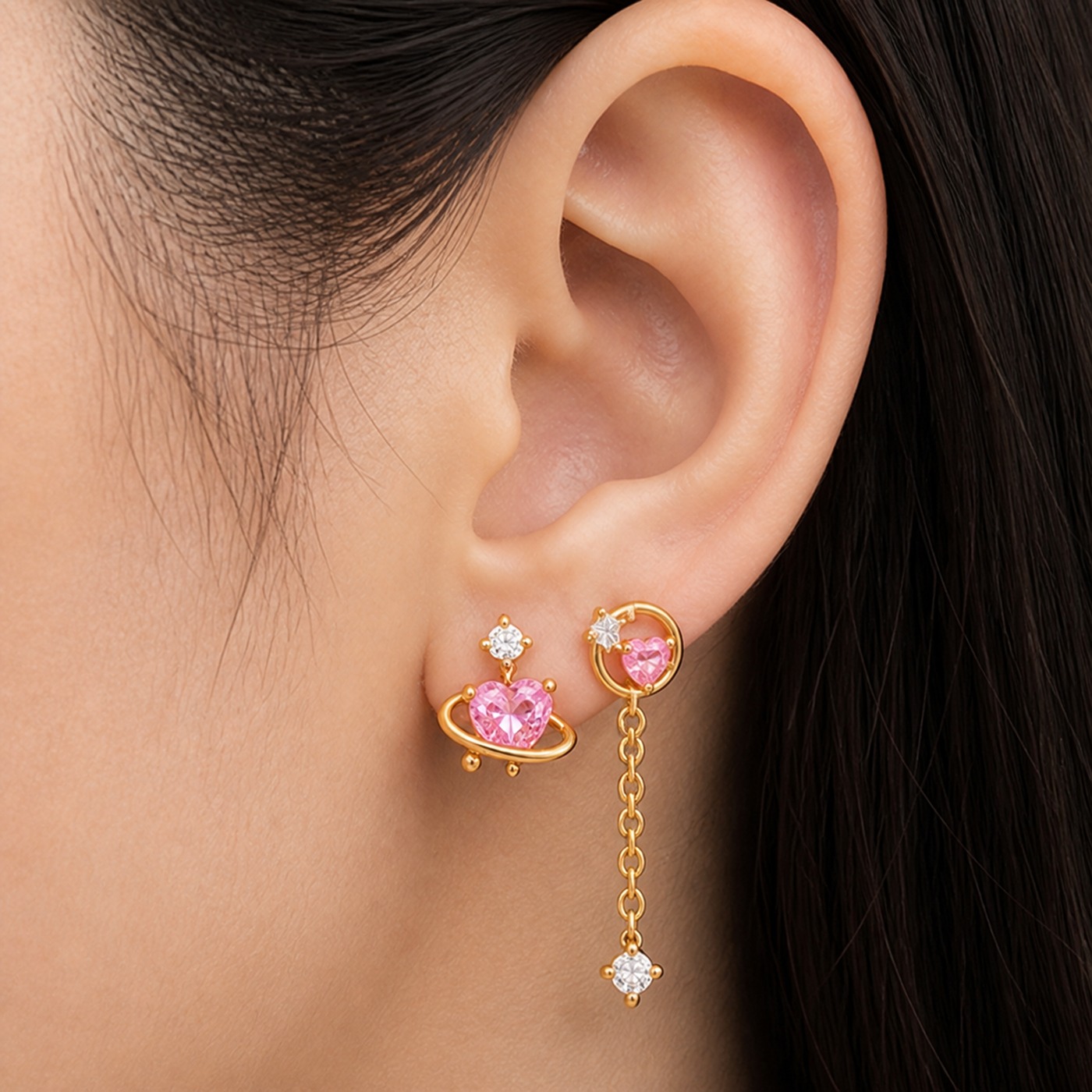 Titanium Stud Earrings Angel Hearts Celestial Crystal Ear for Sensitive Ears worn on one ear