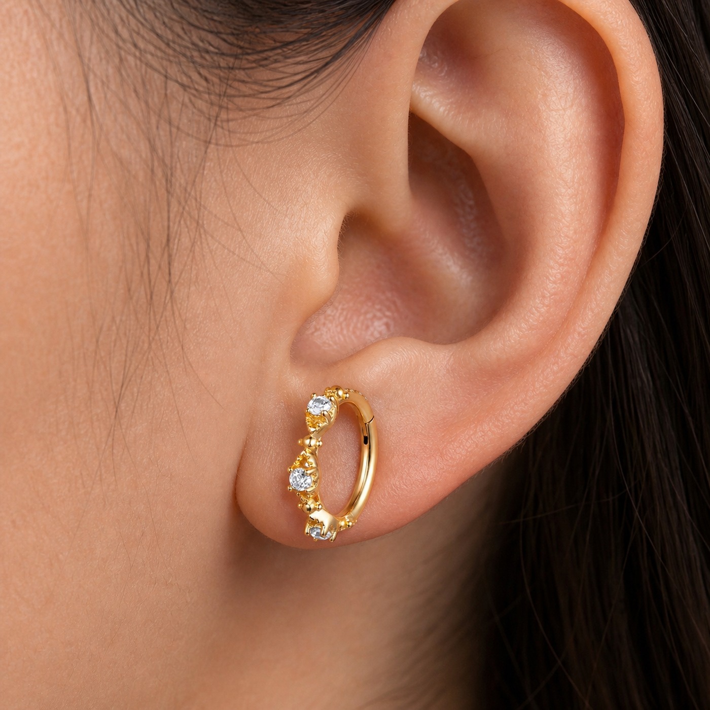 Hypoallergenic Hoop Earrings Couture Crystal Milgrain Eternity Hinged Segment with S925 Silver worn on one ear