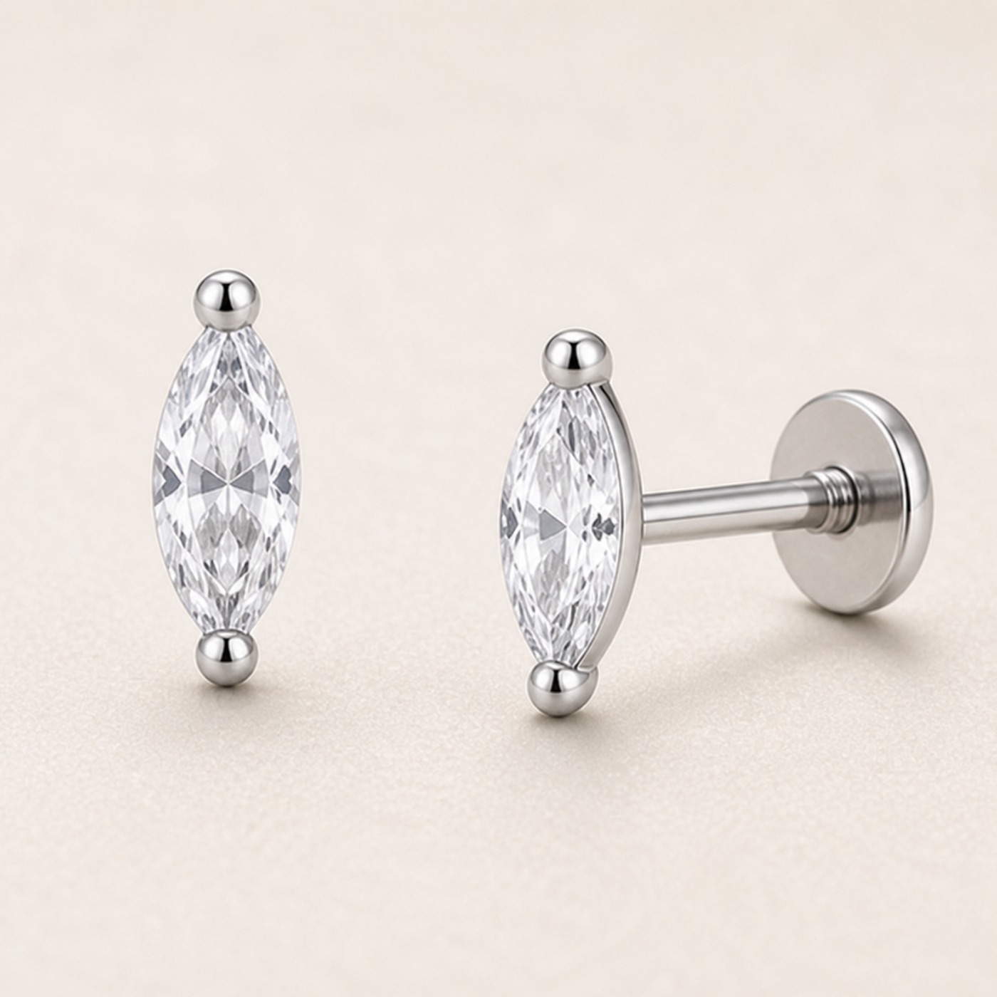 Titanium Stud Earrings Sparkly Marquise in Natural Titanium product view