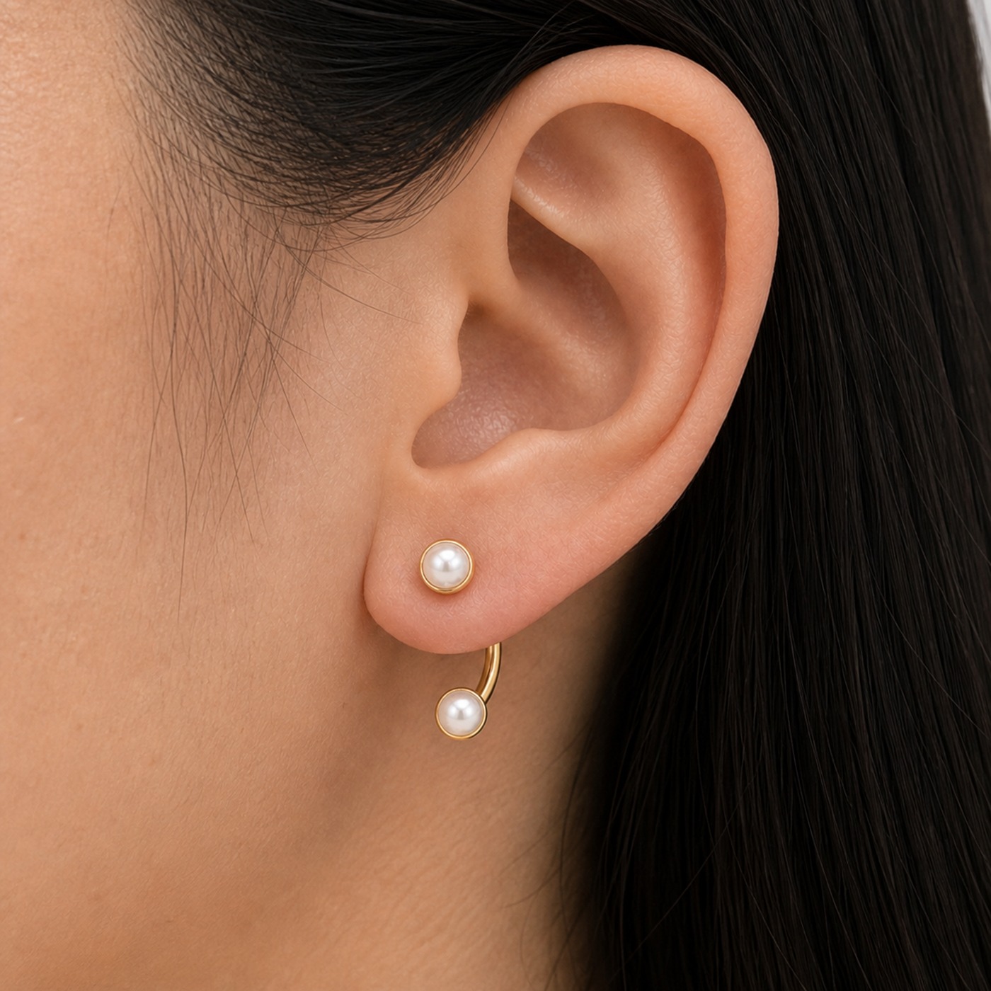 Stud Earrings Pearl Double Ear Jacket with S925 Silver worn on one ear