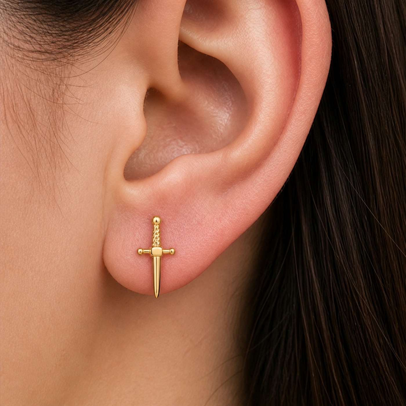 Flat Back Stud Earrings Dagger in F136 Titanium worn on one ear