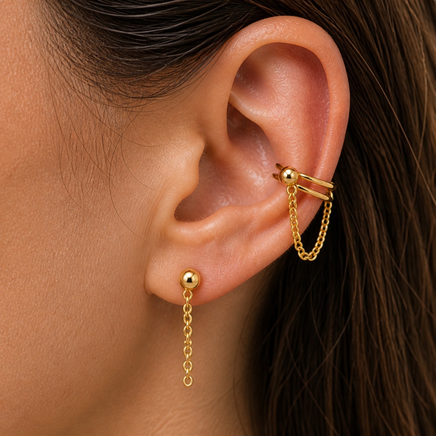 Titanium Earrings Ball Chain for Sensitive Ears worn on one ear
