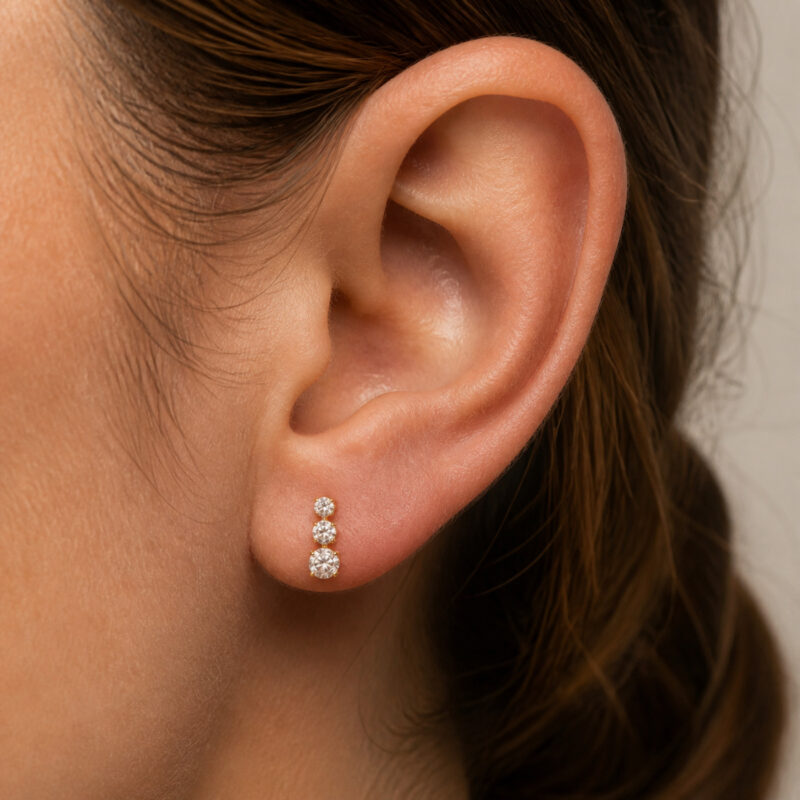 Flat Back Stud Earrings Crystal Trio in F136 Titanium - worn on one ear