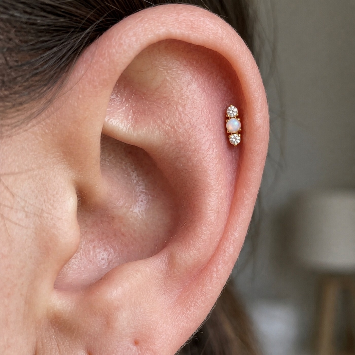 Flat Back Stud Earrings Opal Crystal Trio Bar in F136 Titanium worn on one ear