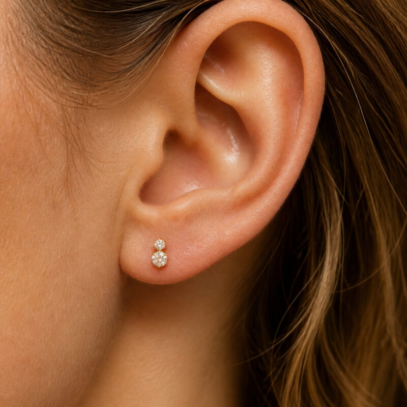 Flat Back Stud Earrings Crystal Twin Dot in F136 Titanium - worn on one ear