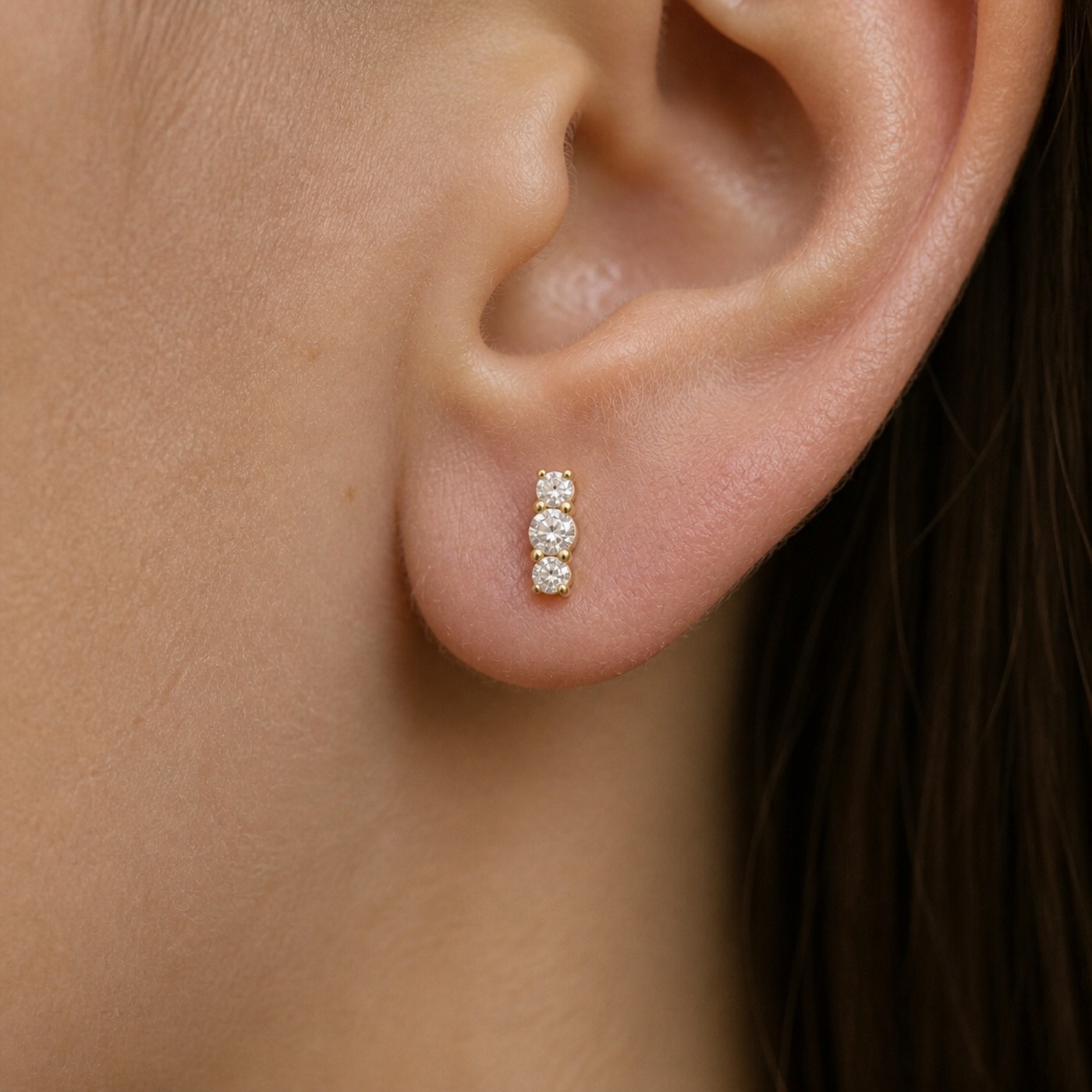 Flat Back Stud Earrings Crystal Trio Bar in F136 Titanium worn on one ear