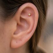 Flat Back Stud Earrings Celestial Sunburst in F136 Titanium worn on one ear
