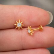 Flat Back Stud Earrings Celestial Sunburst in F136 Titanium shown at fingertip scale
