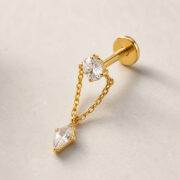 Flat Back Earrings Gold Double Chain Crystal Drop in F136 Titanium - back and hardware detail