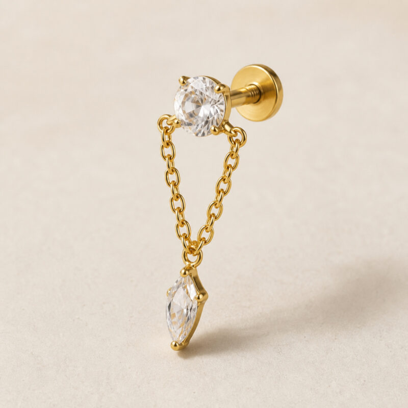 Flat Back Earrings Gold Double Chain Crystal Drop in F136 Titanium - product view