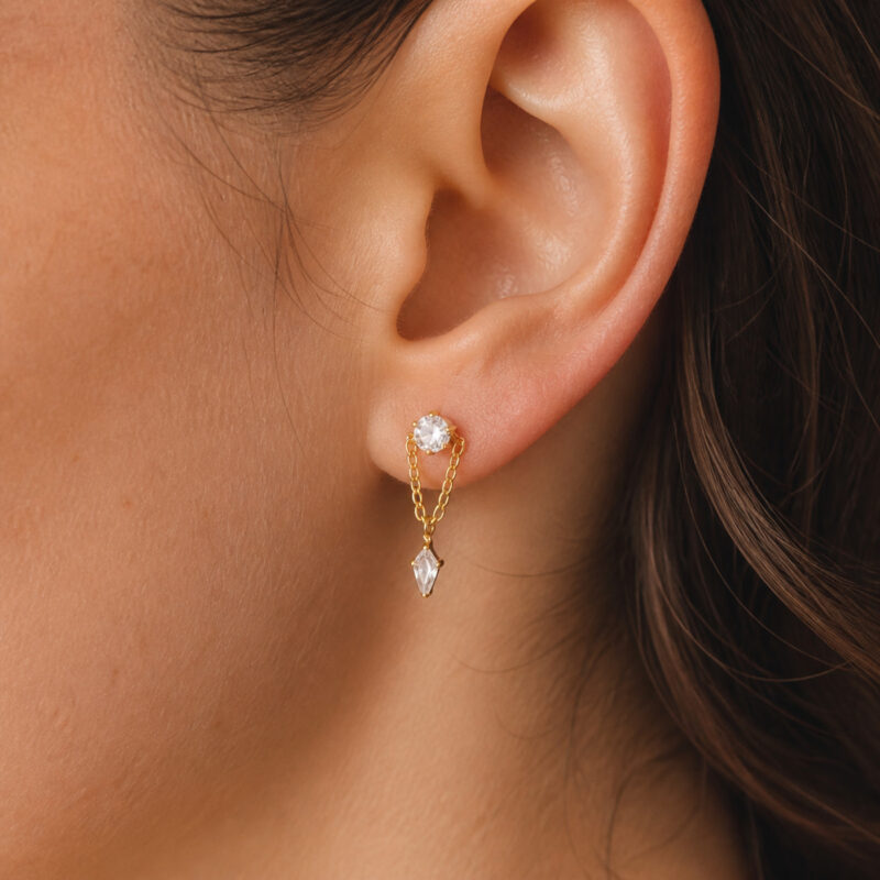 Flat Back Earrings Gold Double Chain Crystal Drop in F136 Titanium - worn on one ear