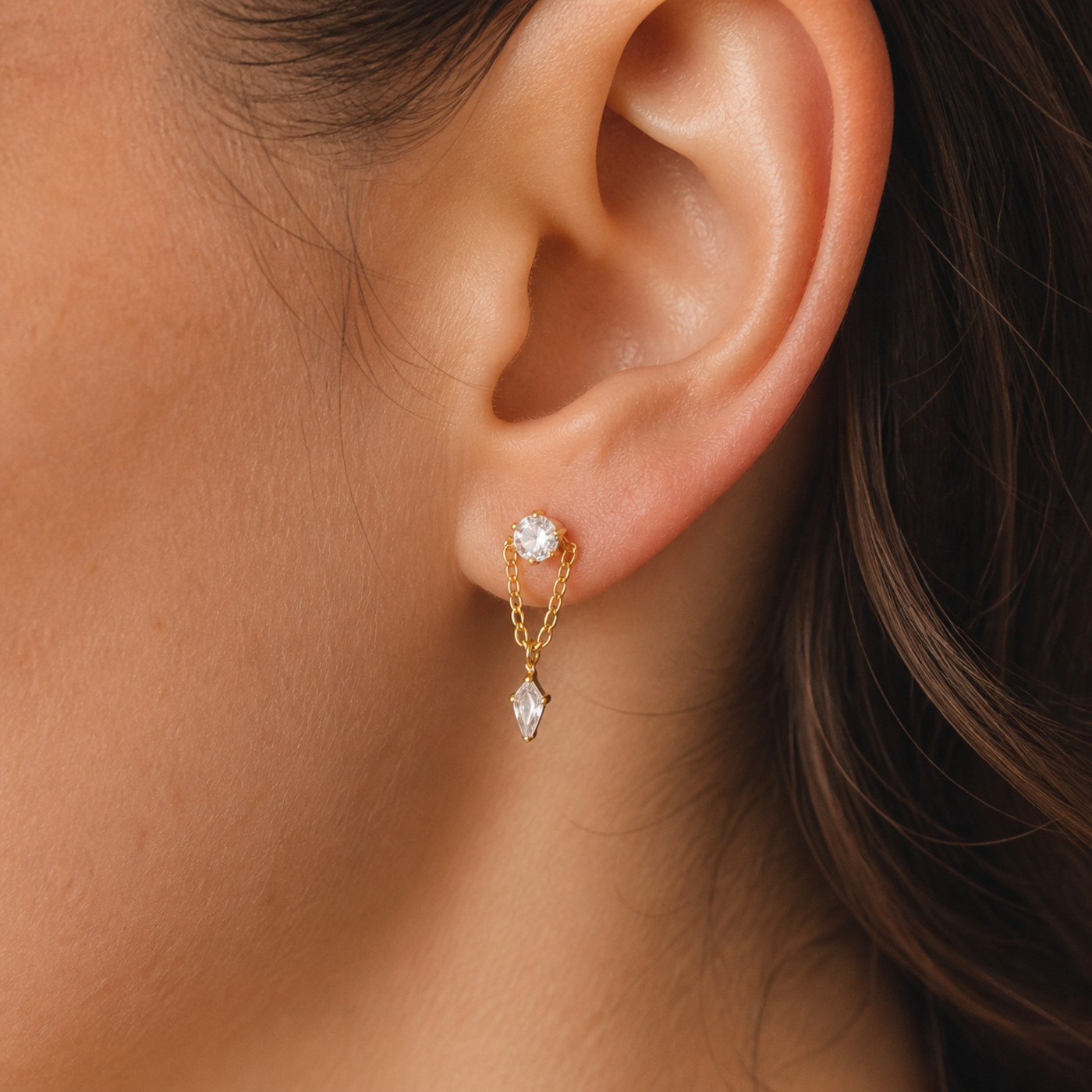 Flat Back Earrings Gold Double Chain Crystal Drop in F136 Titanium - worn on one ear