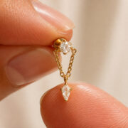 Flat Back Earrings Gold Double Chain Crystal Drop in F136 Titanium - fingertip scale view