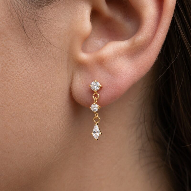 Flat Back Earrings Gold Linear Crystal Drop in F136 Titanium worn on one ear