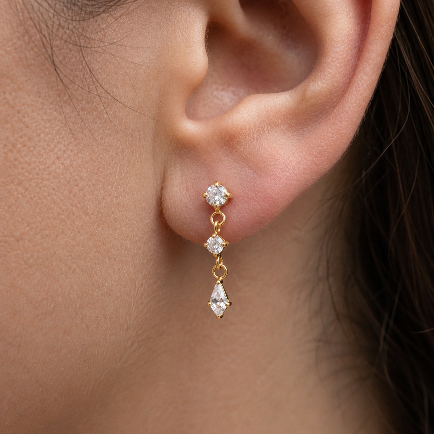 Flat Back Earrings Gold Linear Crystal Drop in F136 Titanium worn on one ear