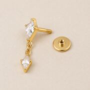 Flat Back Earrings Gold Kite Crystal Linked Drop in F136 Titanium post and backing detail