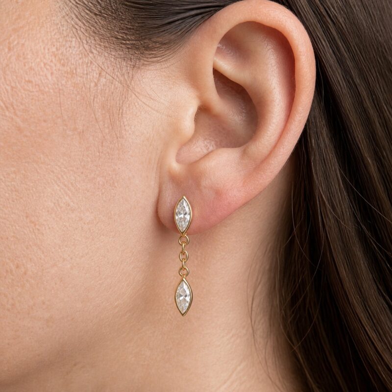 Flat Back Earrings Gold Kite Crystal Linked Drop in F136 Titanium worn on one ear