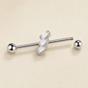 G23 Titanium Three Baguette Industrial Barbell Earring in Natural Titanium post and backing detail