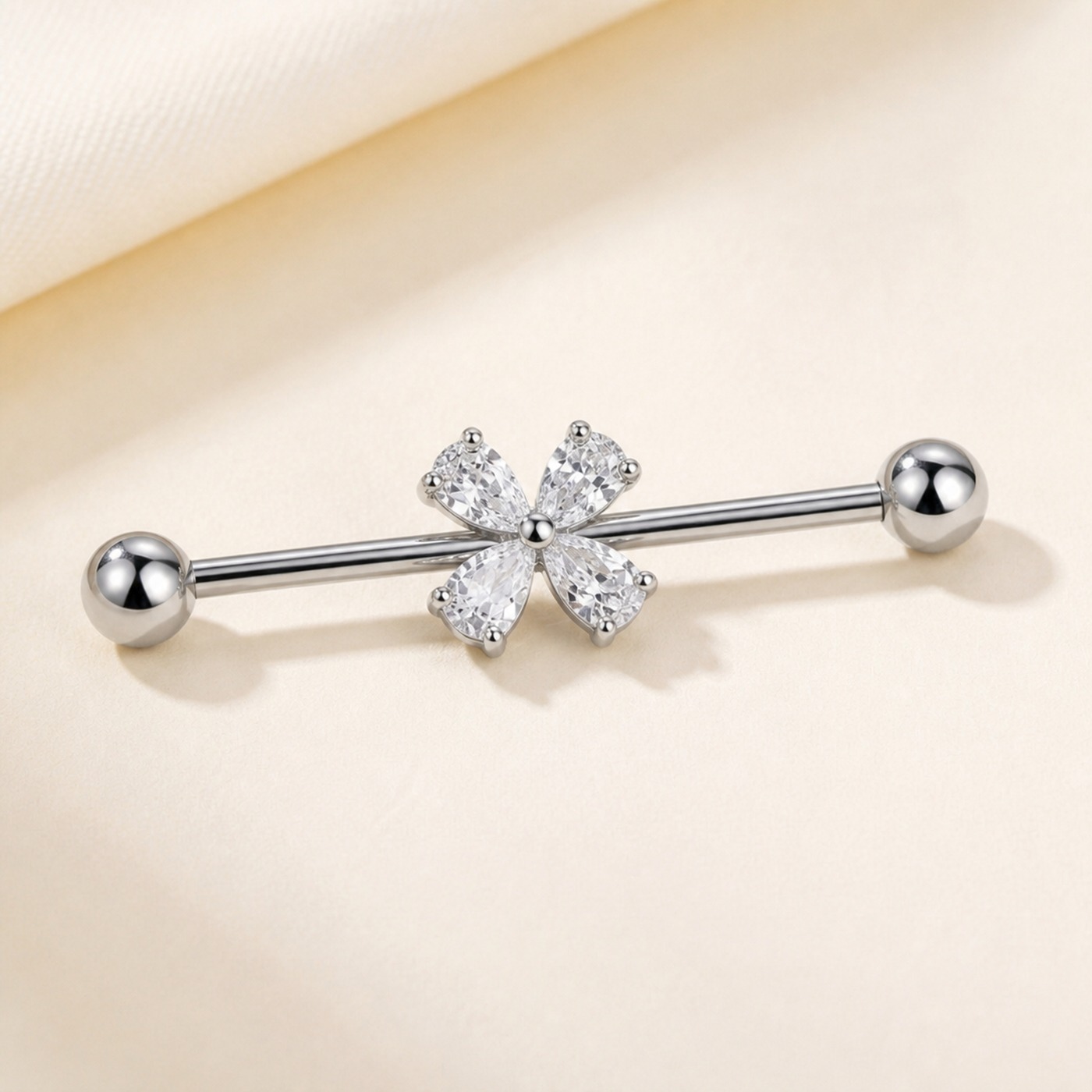 G23 Titanium Four-Petal Crystal Industrial Barbell Earring in Natural Titanium product view