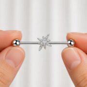 G23 Titanium North Star Crystal Industrial Barbell Earring in Natural Titanium shown at fingertip scale