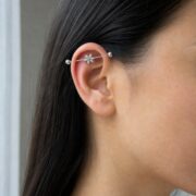 G23 Titanium Six Marquise Flower Industrial Barbell Earring in Natural Titanium worn on one ear