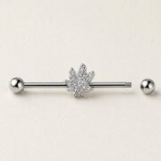 G23 Titanium Maple Leaf Crystal Industrial Barbell Earring in Natural Titanium post and backing detail