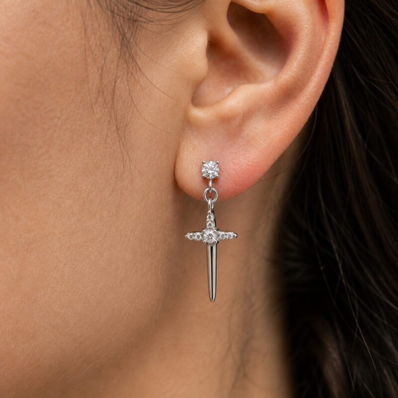 Flat Back Earrings Crystal Cross Dangle with F136 Titanium Post worn on one ear