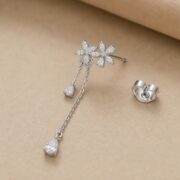 S925 Silver Floral Vine Chain Drop Stud Earrings post and backing detail