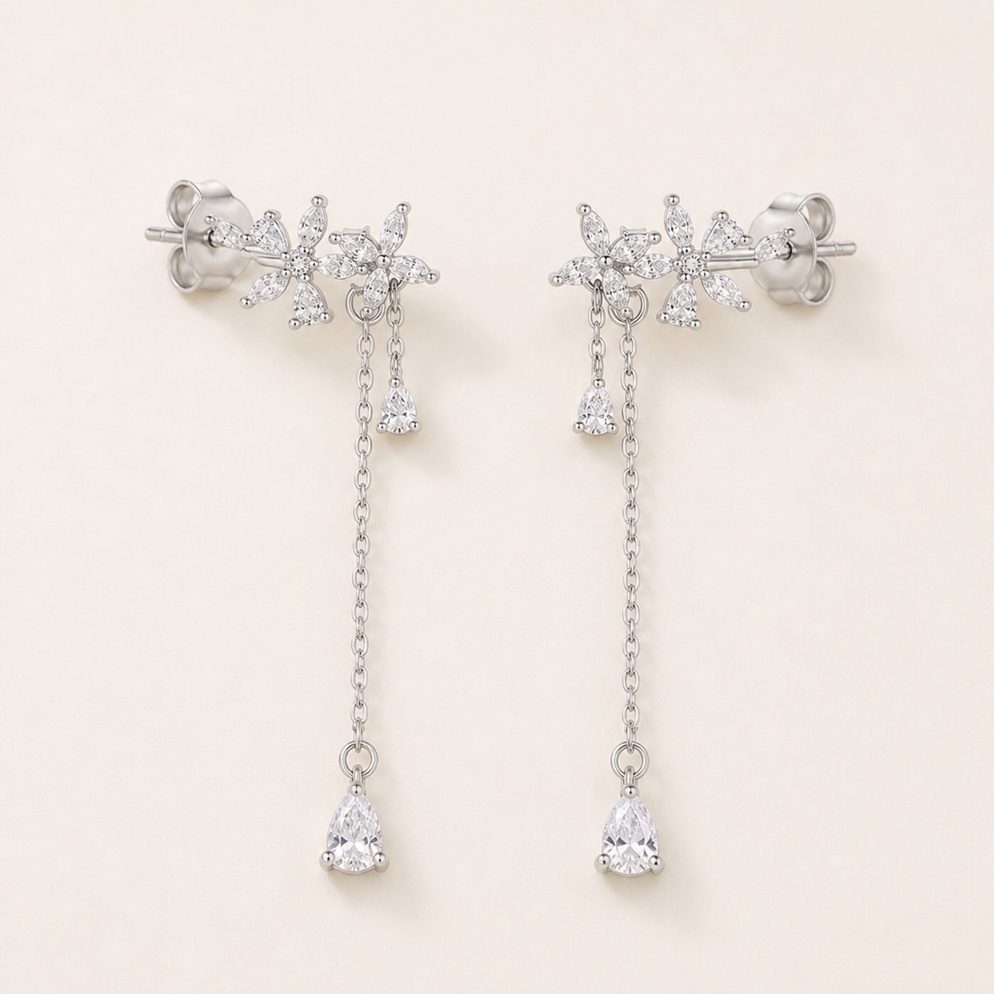 S925 Silver Floral Vine Chain Drop Stud Earrings product view