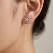 S925 Silver Floral Vine Chain Drop Stud Earrings worn on one ear
