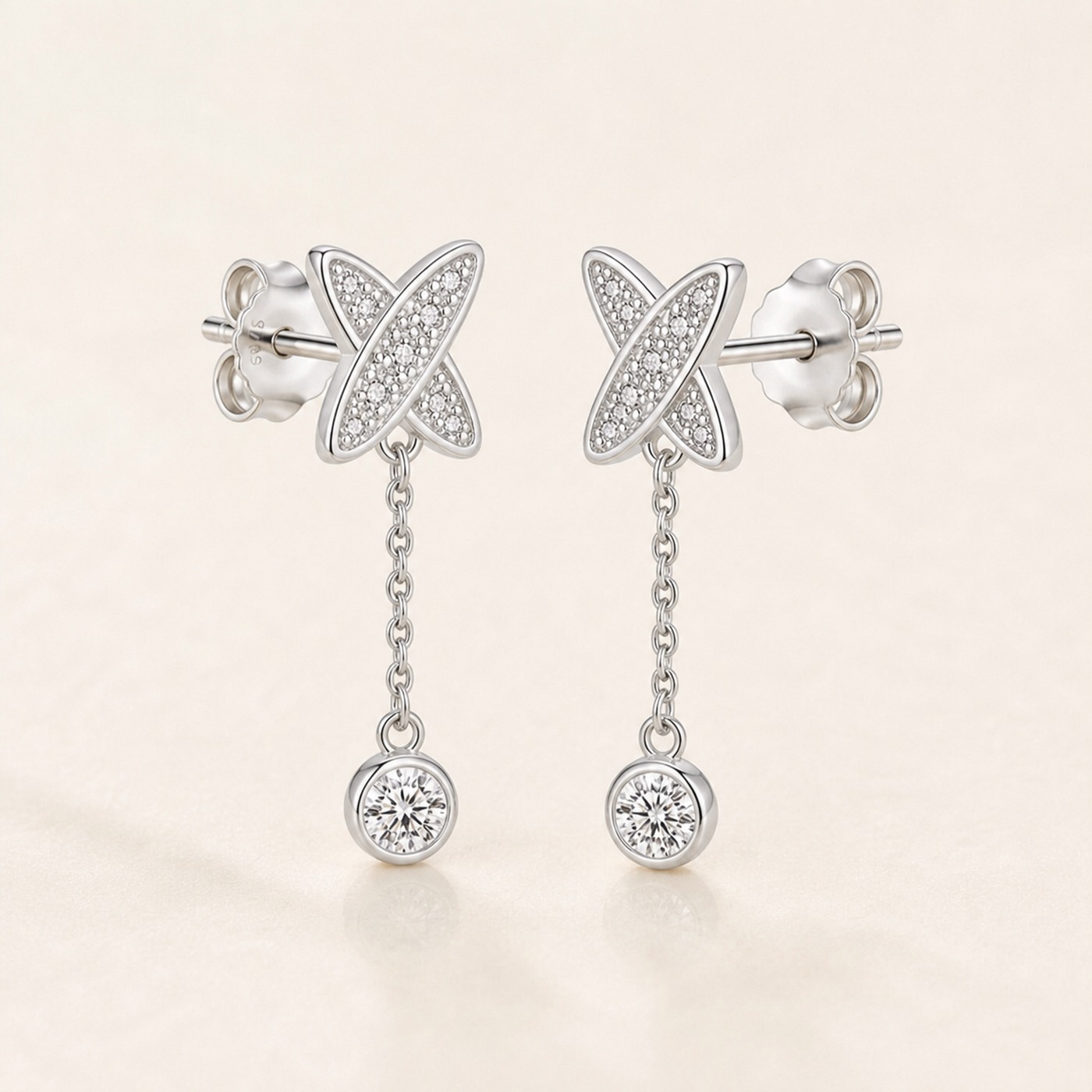 S925 Silver Full Diamond X Chain Drop Stud Earrings product view