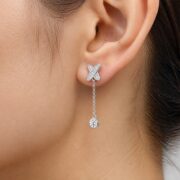 S925 Silver Full Diamond X Chain Drop Stud Earrings worn on one ear