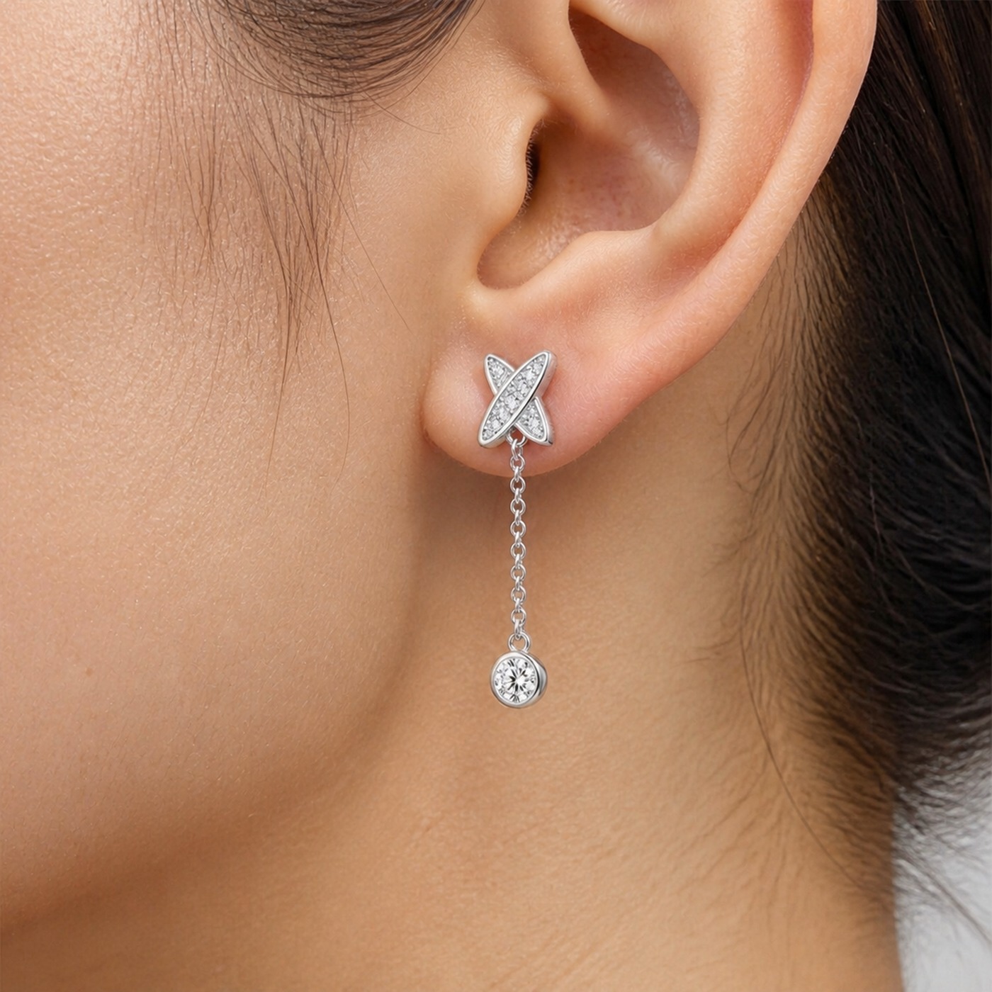 S925 Silver Full Diamond X Chain Drop Stud Earrings worn on one ear