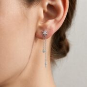 S925 Silver Celestial Star Chain Drop Stud Earrings worn on one ear