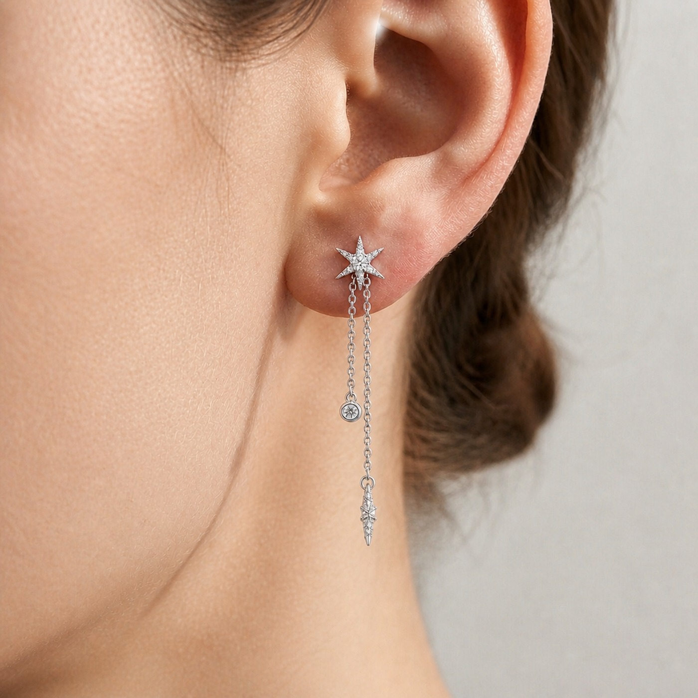S925 Silver Celestial Star Chain Drop Stud Earrings worn on one ear
