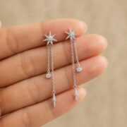 S925 Silver Celestial Star Chain Drop Stud Earrings shown at fingertip scale