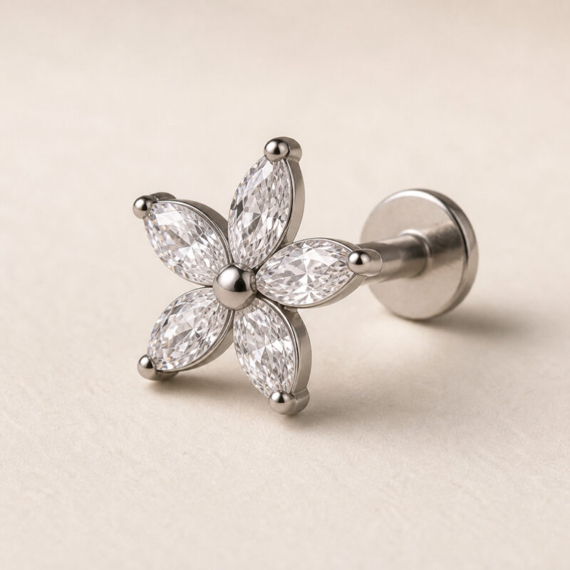 Titanium Flat Back Earrings – Zircon Flower Stud - product view