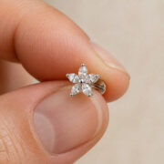 Titanium Flat Back Earrings – Zircon Flower Stud - fingertip scale view